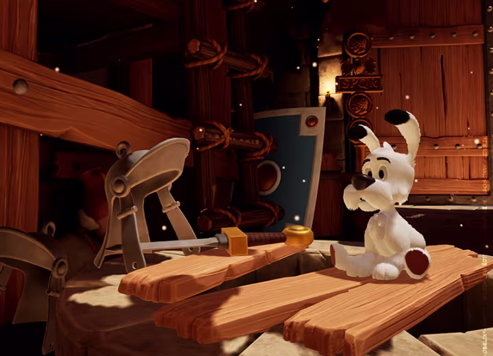 Scène de la VR Astérix Mission Potions à Bruxelles avec Idéfix